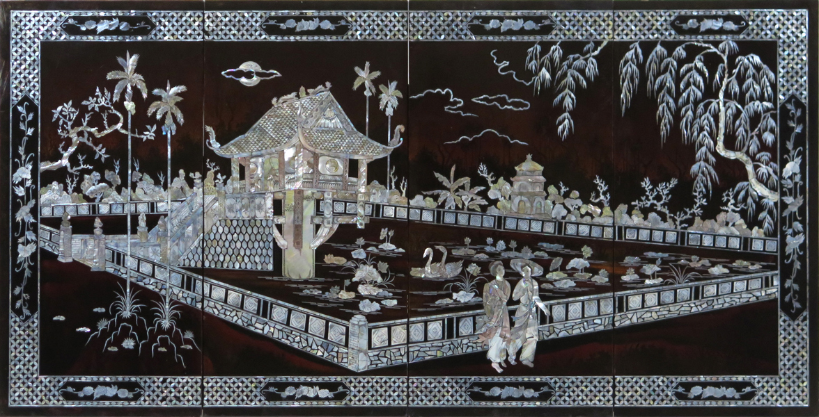 Paneler, 4 st, svartlackerat trä med pärlemorintarsia, Kina, 1900-talets 2 hälft, dekor av tempel mm, vardera 79 x 39 cm_38547a_lg.jpeg