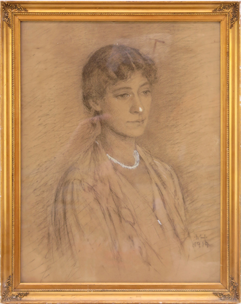 Okänd konstnär, teckning med täckvitt, kvinnoporträtt, signerad MH och daterad 1919, synlig pappersstorlek 46 x 35 cm_38693a_8dc6b5fd0f8fe39_lg.jpeg