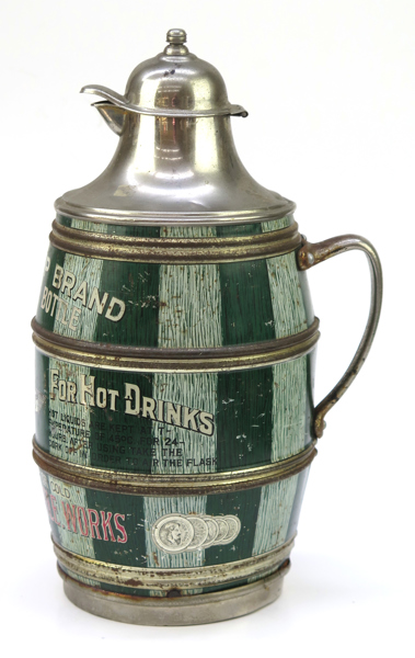 Termos, litograferad plåt med glasinsats, "The Top Brand Vacuum Bottle", sekelskiftet 1900, h 30 cm