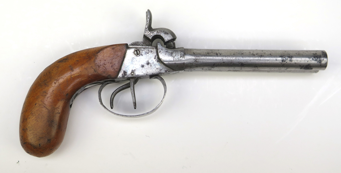 Pistol, slaglås, så kallad Weinbergare, Tyskland, 1800-talets mitt eller 2 hälft, dubbelpipig, låser på båda hanar, l 22 cm