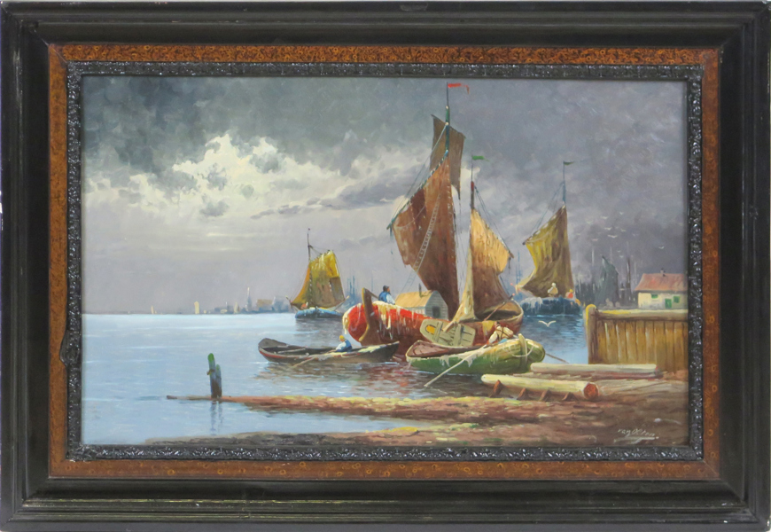 Okänd konstnär, olja, segelbåtar i hamn, otydligt signerad, 50 x 82 cm_38895a_lg.jpeg