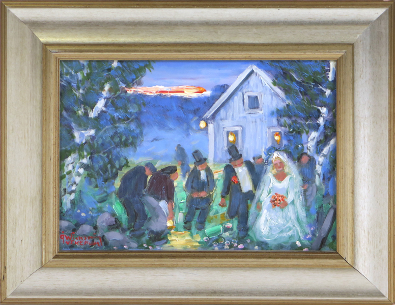 Wickström, Åke, olja, bröllop, signerad Vekerum, a tergo förklarande text, 25 x 34 cm