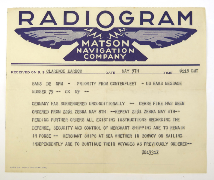 Radiogram, USA, WWII, Tysklands kapitulation, mottaget av Libertfartyget SS Clarence Darrow 9/5 1945