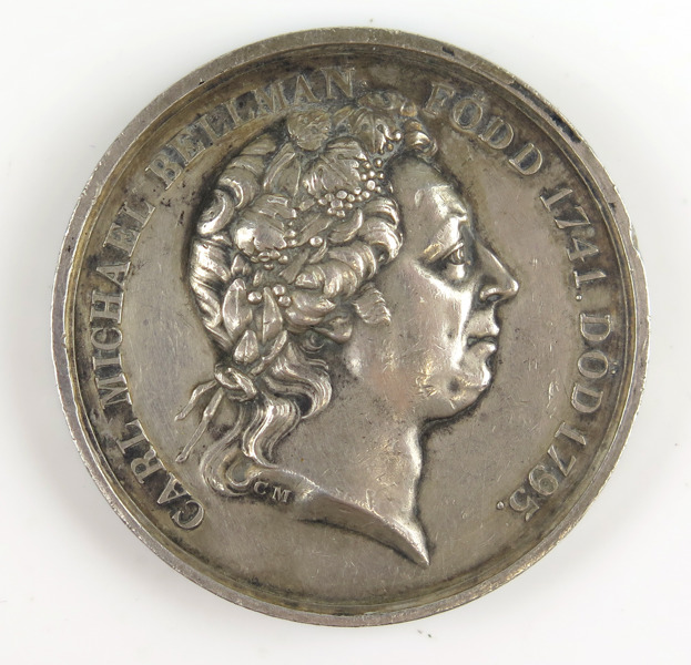 Medalj, silver, Carl Michael Bellman, slagen 1833, graverad av Carl Mellgren, vikt 38 gram