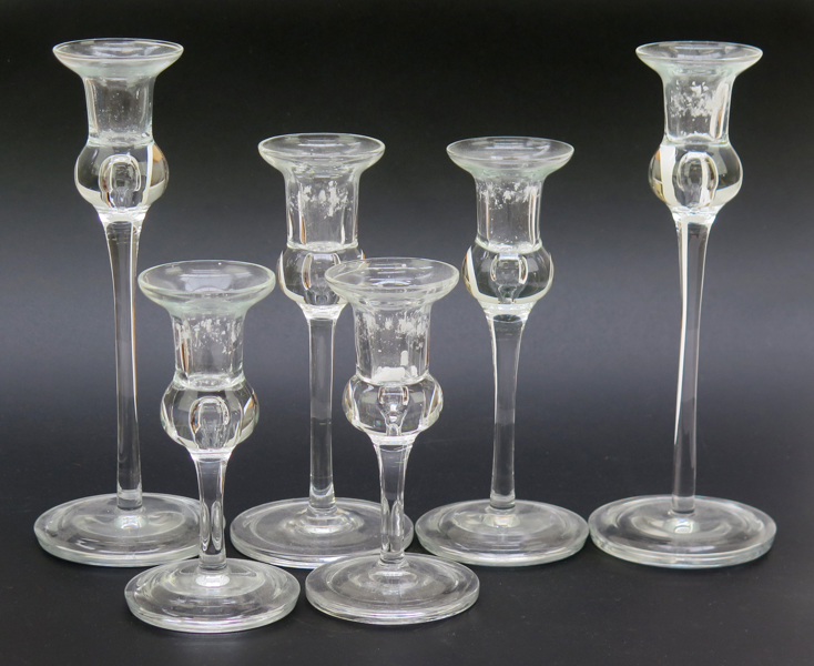 Johansson, Willy för Hadeland, ljusstakar 6 st,  glas, "Bankett", h 14 - 23 cm