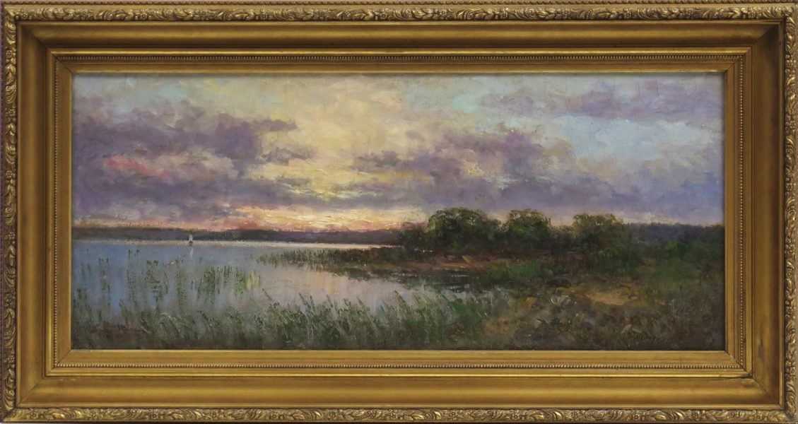 Nilson, Severin, olja, insjölandskap med segelbåt, signerad, 33 x 78 cm