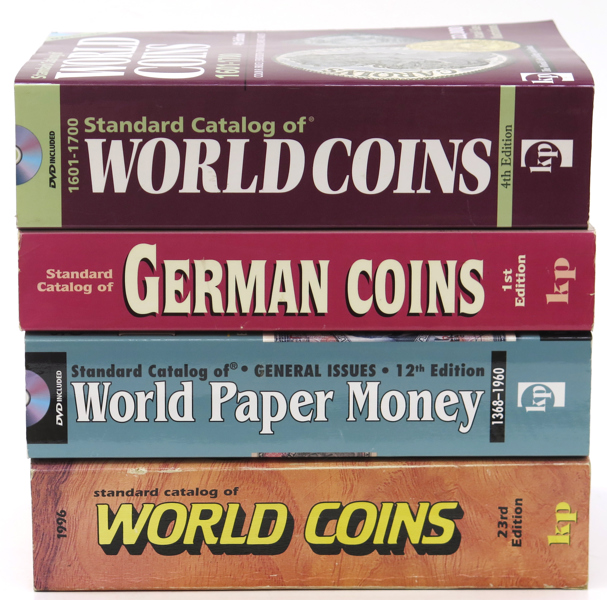 Numismatik; myntböcker, 4 st; World Coins 1601-1700, German Coins, World Paper Money respektive World Coins 1801-