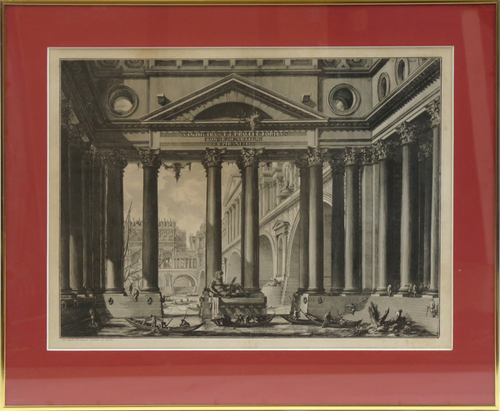 Piranesi, Giovanni Battista, kopparstick, Vindicibus et protectoribus Bonarum Artium, ur Vedute di Roma 1756, synlig pappersstorlek 43 x 58 cm, möjligen senare avdrag