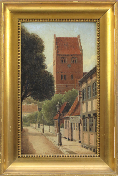 Okänd konstnär, olja, Sankt Nicolai Kirke i Köge, 31 x 19 cm