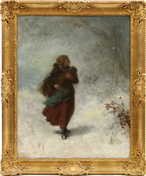 Okänd engelsk konstnär, 1800-talets 2 hälft, mor och barn i snöstorm, otydligt signerad och daterad 1878, 94 x 73 cm, smärre dukskada