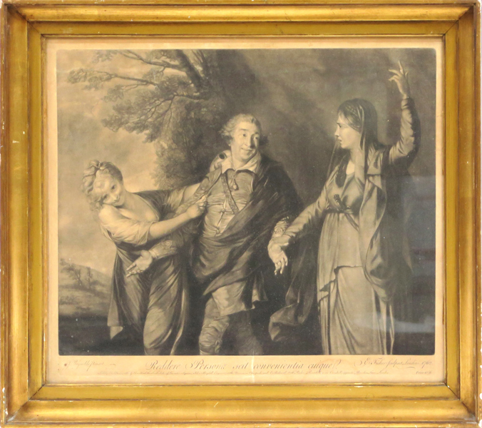 Fisher, Edward efter Reynolds sir Joshua, kopparstick, "Reddere Personae Scit Convenientia Cuique (Garrick between Tragedy and Comedy)" 1762, synlig pappersstorlek 45 x 53 cm, gulnad