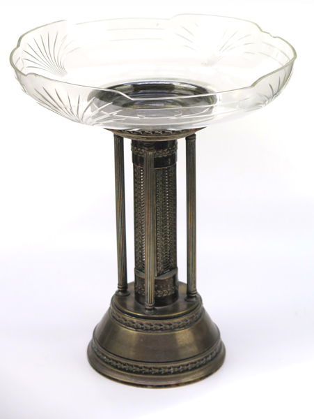 Uppsatsskål, nysilver och glas, jugend, 1900-talets början, höjd 37 cm, nagg