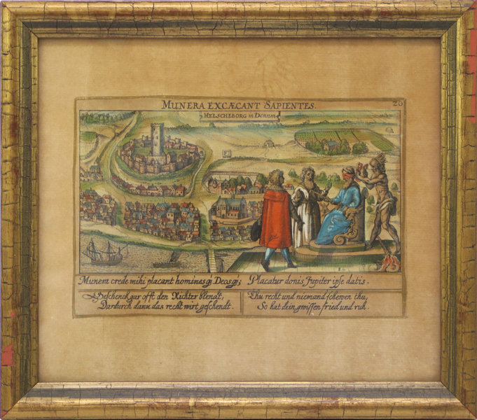 Fürst, Paulus, kopparstick, handkolorerat, "Munera excaecant sapientes Helscheborg..." vy över Helsingborg, Nürnberg omkring 1630, synlig pappersstorlek 15 x 18 cm