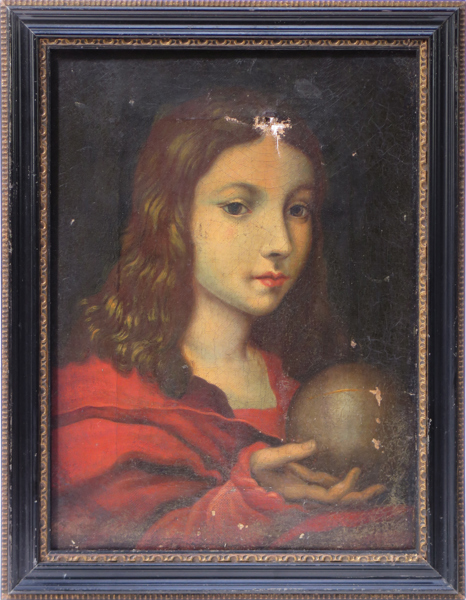 Okänd konstnär, 1800-talets 1 hälft eller mitt, (möjligen William Hough), efter Marco D'Oggiono, olja, Salvator Mundi, a tergo betecknad Peint par Hough samt med lös etikett, 29 x 22 cm, dukskada