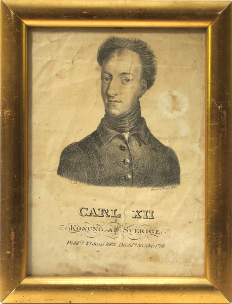 Fehr, Ludwig efter Krafft, David von, litografi, 1800-talets 1 hälft, "Carl XII", synlig pappersstorlek 23 x 16 cm, visst slitage