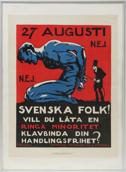 Proessdorf, Alfred för Propagandacentralen N.E.J., poster, litograferad, Folkomröstningen om alkoholförbud, ed A. Lindgren & Söner, 1922, 56 x 42 cm