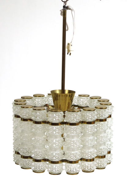 Okänd designer för Tyringe Konsthantverk, taklampa, mässing och glas, 1960-70-tal, etikettmärkt, höjd 60 cm