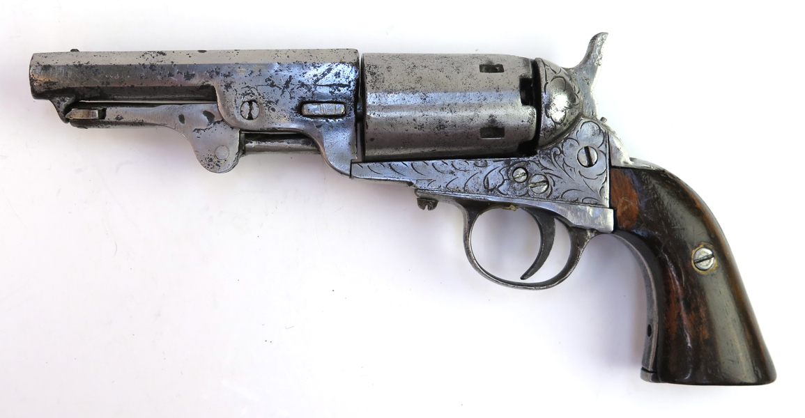 Slaglåsrevolver, Colts Patent, 1800-talets mitt, europeisk tillverkning, nummeridentisk 3569, hane spänner men cylinder slirar, l 24 cm, slitage, 