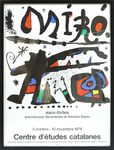 Miró, Joan, efter, poster, färglito på offset, "eaux-fortes gravures pour des poèmes de Salvador Espriu 1978", synlig pappersstorlek 64 x 46 cm