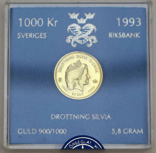 Guld/jubileumsmynt, 1000 kronor, Drottning Silvia 1993, 5,8 gram 900/1000 guld