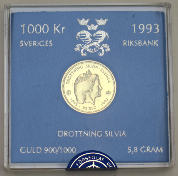 Guld/jubileumsmynt, 1000 kronor, Drottning Silvia 1993, 5,8 gram 900/1000 guld