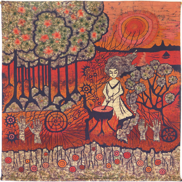 Okänd konstnär, batiktryck, sign Nenna (?), 123 x 119 cm