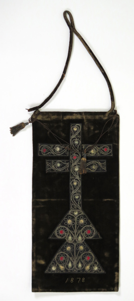 Religiös textil, brodyr på sammet, koptisk (?), daterad 1878, höjd 45 cm