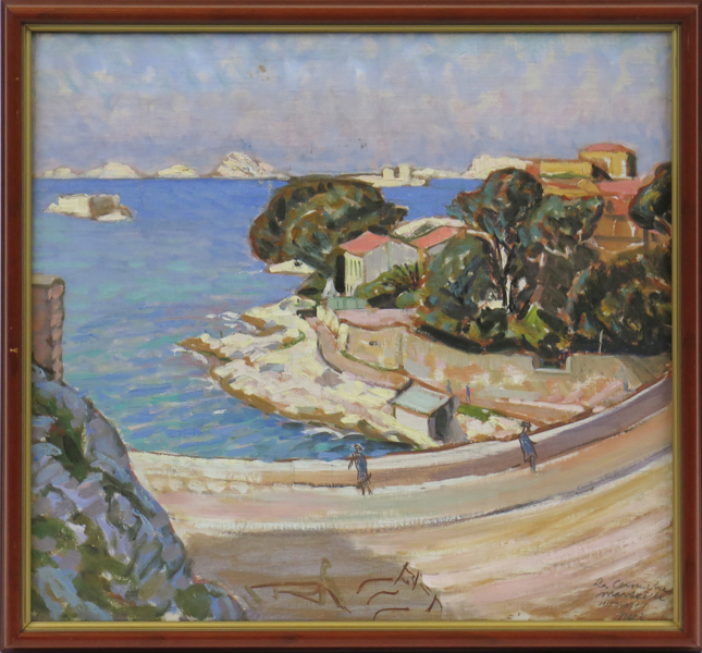 Okänd fransk (?) konstnär, olja, "La Corniche Marseille", signerad Max och daterad 10/3 1921, 50 x 54 cm