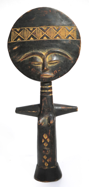 Fertilitetsdocka, skuret och svärtat trä, Ashanti, Ghana, 1900-tal, h 35 cm