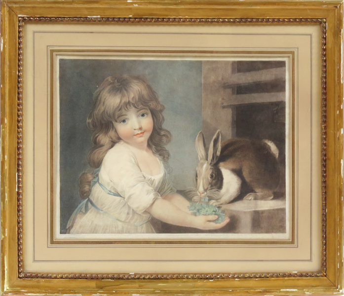 Knight, Charles efter Russel, John, etsning, handkolorerad, "The favourite rabbit" 1792, synlig pappersstorlek 25 x 37 cm