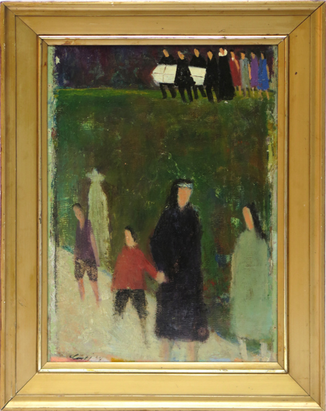 Jacobsen, Cort, olja, begravningståg, signerad och daterad 1947, 32 x 22 cm