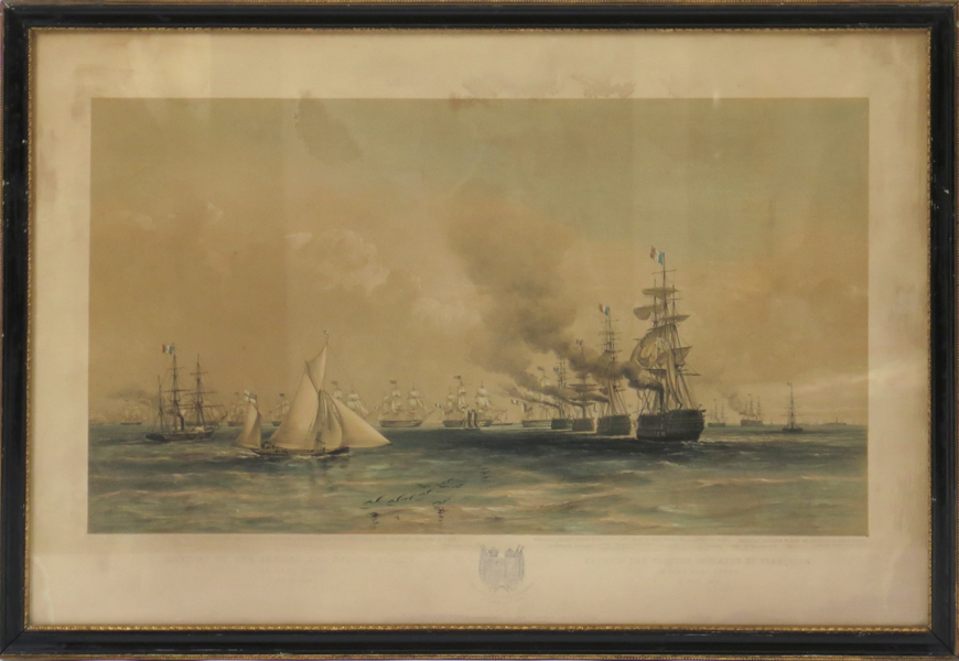 Brierly, Oswald Walters, kopparstick, handkolorerat, "Meeting of the French and English Fleets off Baro Sound, Gulf of Finland – June 13, 1854", ur "The English and French fleets in the Baltic, 1854",