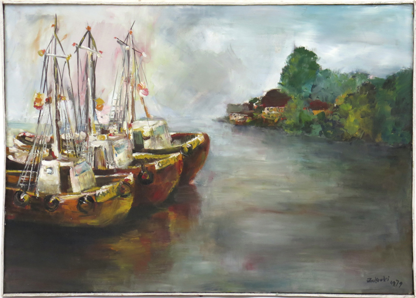 Okänd polsk  konstnär, olja, fiskebåtar, signerad Zukowski och daterad 1979, 48 x 67 cm