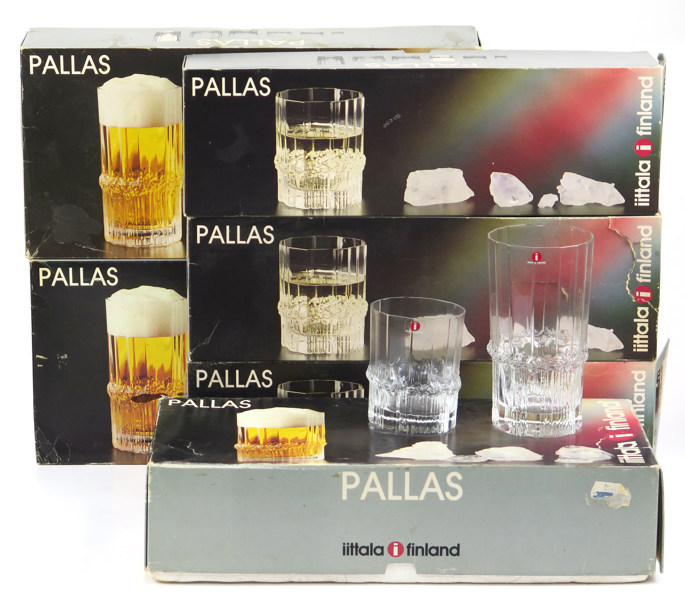 Wirkkala, Tapio för iittala, whiskyglas 12 st samt ölglas 11 st, Pallas, design 1983, i originalförpackningar