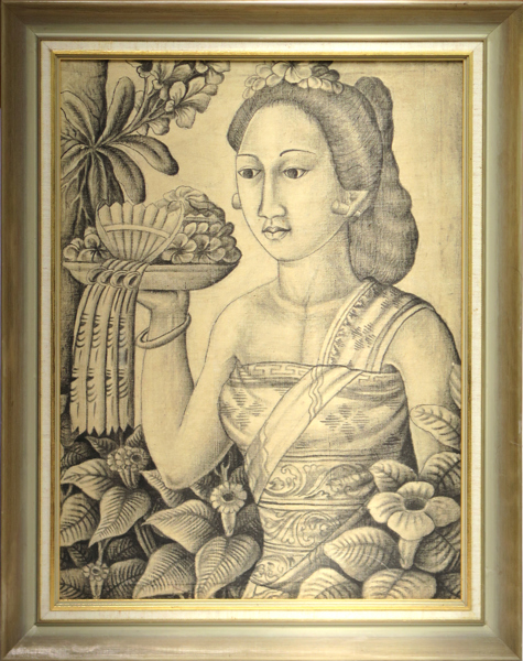 Wayan, Ida Asta, olja (?) på duk, Balinesisk kvinna med blomster, a tergo signerad Ubud Bali, 46 x 34 cm