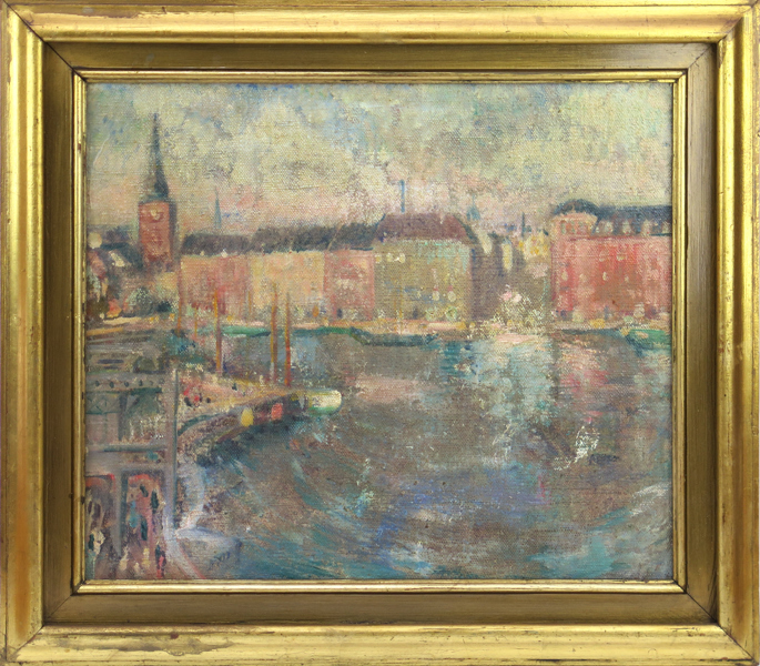 Okänd konstnär, olja, 1900-talets början, utsikt från Katarinahissen mot Skeppsbron, Stockholm, 36 x 41 cm, a tergo äldre auktionsmärkningar