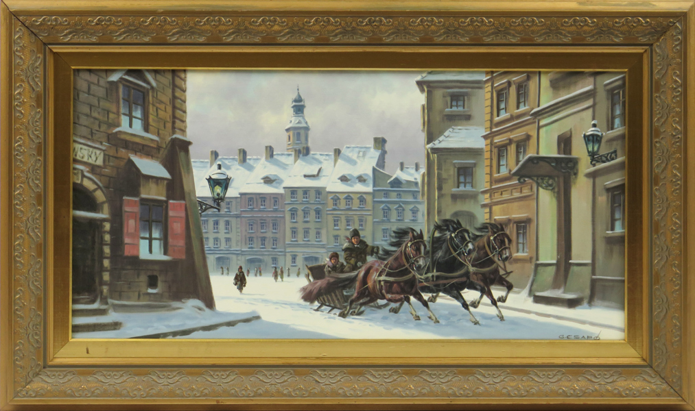 Csapo, Georges, olja, snötäckt stadsbild med trojka, signerad, 51 x 102 cm