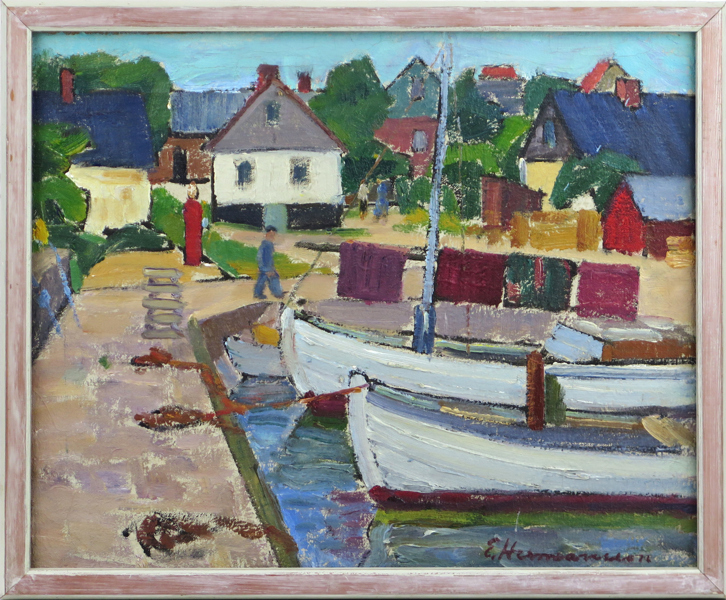 Hermansson, Eric, olja, "Hamn, Österlen", signerad, 33 x 41 cm, säljes till förmån för Kattfotens katthem