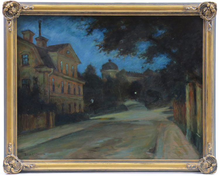 Nilsson, Ernst, olja, "Sommarnatt", Övre Slottsgatan Uppsala, signerad och daterad -34, 48 x 61 cm