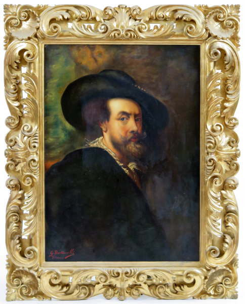 Bertoncelli, Giulio olja, sekelskiftet 1900, efter Sir Peter Paul Rubens självporträtt från 1623-25, 85 x 61 cm, i rikt skulpterad barockstilram, a tergo stämpel från Regia Galleria Palatino Firenze 