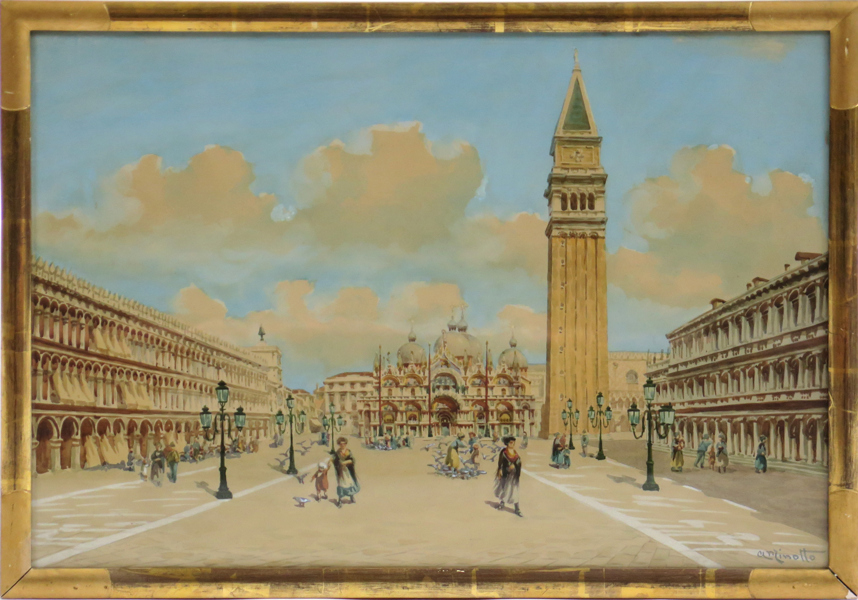 Minotto, Agnès, akvarell, Piazza di San Marco, Venedig, signerad, synlig pappersstorlek 32 x 47 cm