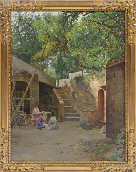 Navorelli, Guglielmo, olja, sekelskiftet 1900, italiensk gårdsinteriör med barn, signerad, 66 x 49 cm, obetydlig dukskada