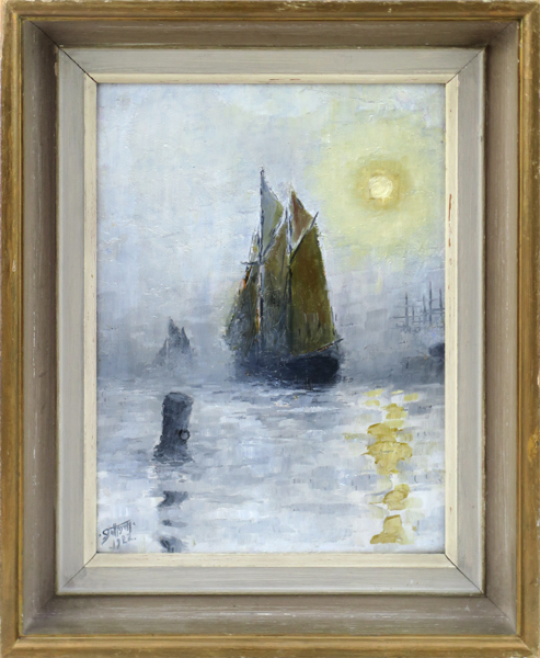 Jonson, Sven, olja, "Fartyg i dimma, Halmstad hamn", signerad och daterad 1922, 29 x 21 cm, Johnsson ändrade 1924 sitt namn till Jonson samtidigt som bröderna Ohlsson ändrade sitt till Olson