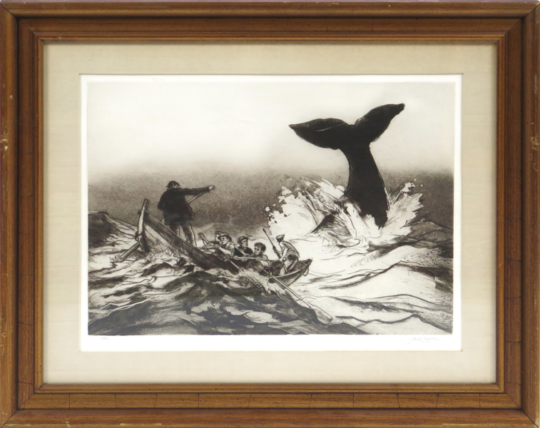 Coughlin, Jack, etsning, "Going on the Whale", signerad och daterad 1977, synlig pappersstorlek 35 x 46 cm