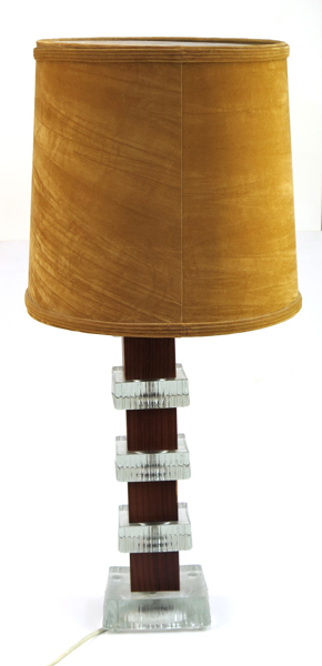 Okänd designer, bordslampa, glas och palisanderimiterade dekor, 1960-tal, höjd inkl skärm 69 cm