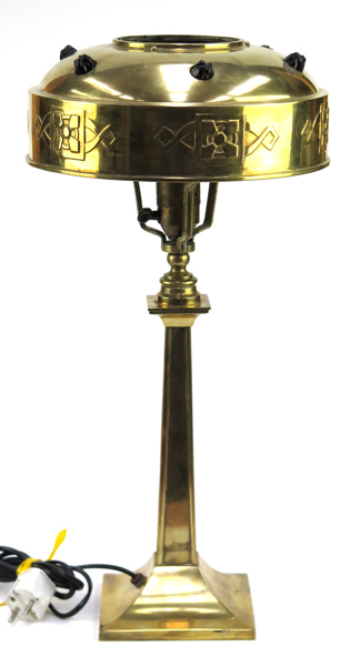 Bordslampa, mässing med infattade glasstenar, jugend, 1900-talets början, h 52 cm