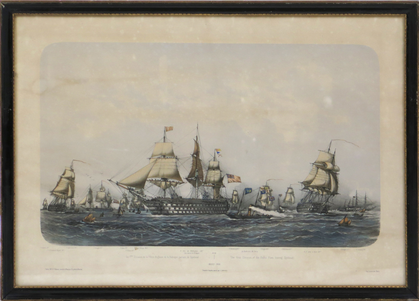 Le Breton, Louis, litografi, handkolorerad, "La 1ère Division de la Flotte Anglaise de la Baltique partant de Spithead. Mars 1854", synlig pappersstorlek 50 x 72 cm, slaget vid Bomarsund på Åland 