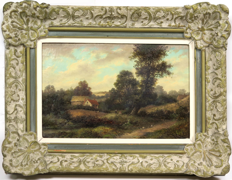 Okänd engelsk konstnär, 1800-tal, landskap med hus och personer, 32 x 52 cm