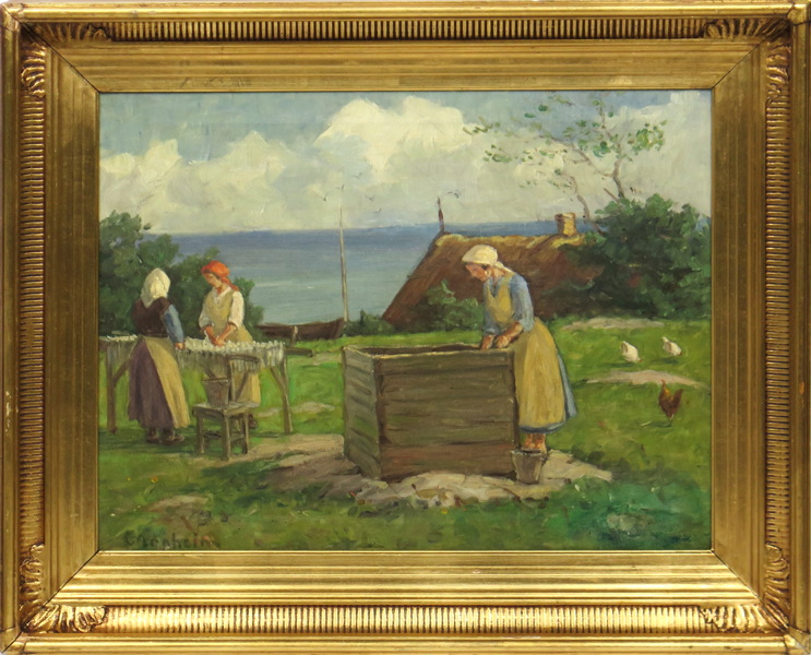 Arnheim, Clara, olja, fiskarhustrur, Hiddensee, signerad, 33 x 42 cm, duklagningar