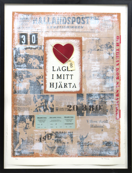 Müller, Thomas, serigrafi (?) med collage, "Halmia, Laget i mitt Hjärta", signerad och numrerad 11/60, pappersstorlek 76 x 56 cm